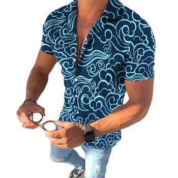 Гавайская мужская рубашка с короткими рукавами и отложным воротником, летний топ с объемным 3D принтом, повседневные рубашки с пляжной волной для мужчин